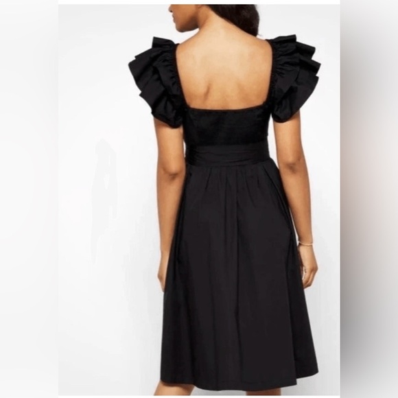 Hill House Ava Nap Dress in Black Cotton Poplin Midi Ruffle Sleeve Smocked Back - Picture 5 of 7
